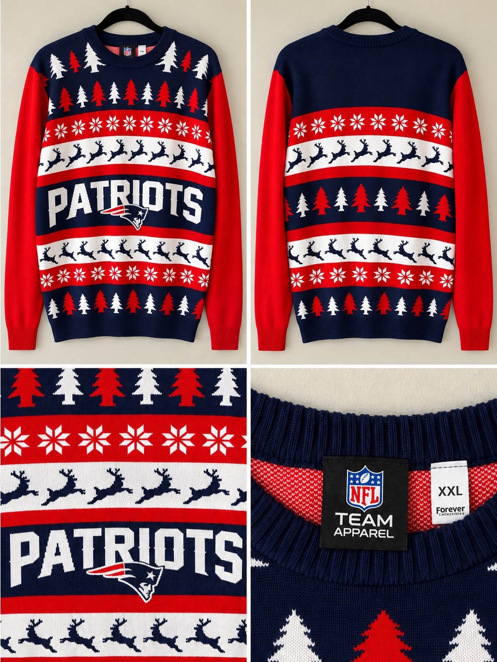 NFL Patriots Navy, Red & White Holiday Crewneck Sweater